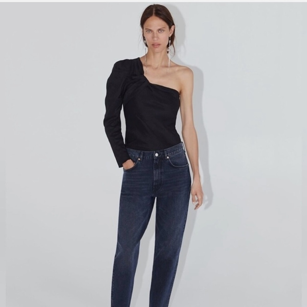 Zara Black One Shoulder Puff Sleeve Black Top